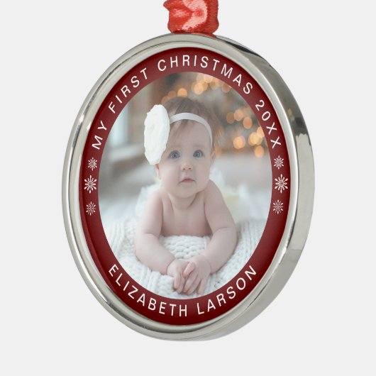 マイ初めてのクリスマスパーソナライズされたベビーフォトレッド メタルオーナメント (左)