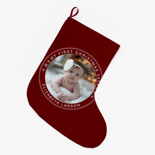 マイ初めてのクリスマスパーソナライズされたベビーフォトレッド ラージクリスマスストッキング (正面 (吊り時))