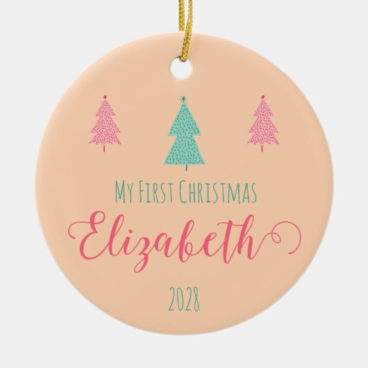 マイ初めてのクリスマスパーソナライズされたベビー名と年 セラミックオーナメント (正面)