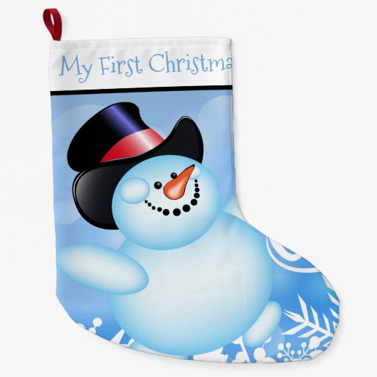 マイ初めてのクリスマスパーソナライズされた雪だるま ラージクリスマスストッキング (正面)