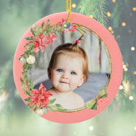 マイ初めてのクリスマスピンクフローラゴールデンサークルフレーム セラミックオーナメント