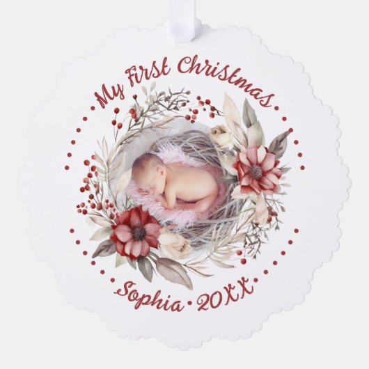 マイ初めてのクリスマスフローラリース写真ベビー オーナメントカード (正面)