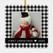 マイ初めてのクリスマスブラックバッファロープレイドベビー写真 セラミックオーナメント (正面)