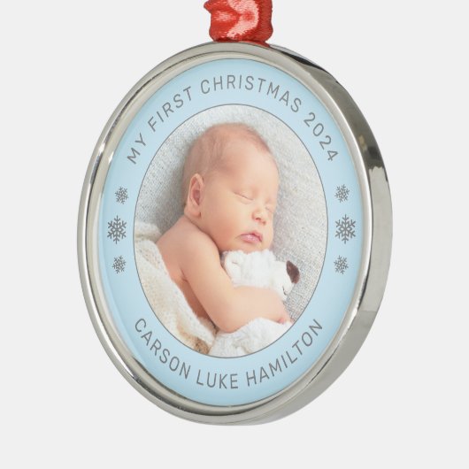 マイ初めてのクリスマスブルーパーソナライズされたベビー写真 メタルオーナメント (左)