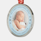 マイ初めてのクリスマスブルーパーソナライズされたベビー写真 メタルオーナメント (左)