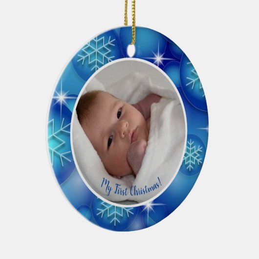 マイ初めてのクリスマスベビーの写真の青 セラミックオーナメント (右)