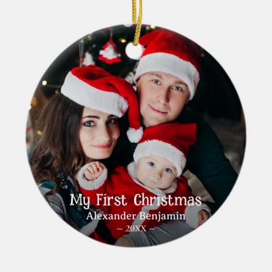 マイ初めてのクリスマスベビーファミリーフォトカスタム セラミックオーナメント (正面)