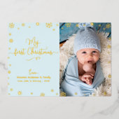 マイ初めてのクリスマスベビーフォトアクアブルー実在金ゴールド 箔シーズンカード (正面)