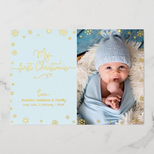 マイ初めてのクリスマスベビーフォトアクアブルー実在金ゴールド 箔シーズンカード (正面)