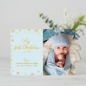 マイ初めてのクリスマスベビーフォトアクアブルー実在金ゴールド 箔シーズンカード (立ち正面)