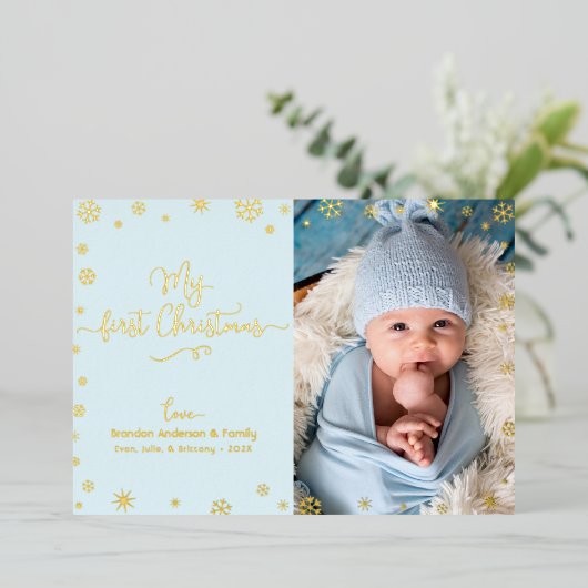 マイ初めてのクリスマスベビーフォトアクアブルー実在金ゴールド 箔シーズンカード (立ち正面)