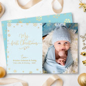 マイ初めてのクリスマスベビーフォトアクアブルー実在金ゴールド 箔シーズンカード