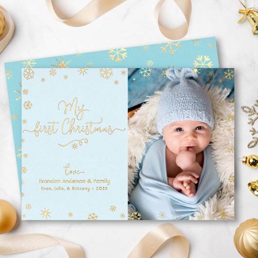 マイ初めてのクリスマスベビーフォトアクアブルー実在金ゴールド 箔シーズンカード