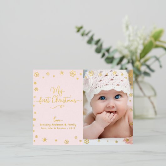 マイ初めてのクリスマスベビーフォトピンクシック実在金ゴールド 箔シーズンポストカード (立ち正面)