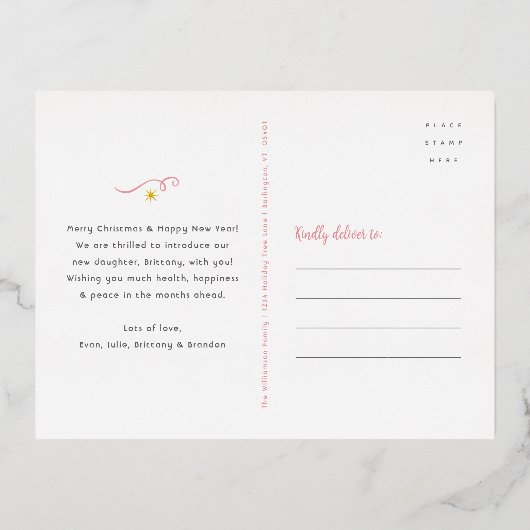 マイ初めてのクリスマスベビーフォトピンクシック実在金ゴールド 箔シーズンポストカード (裏面)