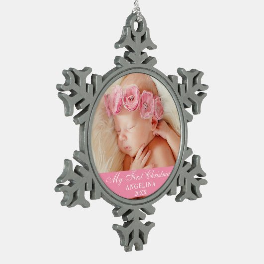 マイ初めてのクリスマスベビーフォトピンク スノーフレークピューターオーナメント (左)
