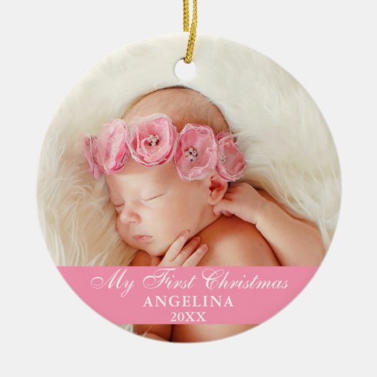 マイ初めてのクリスマスベビーフォトピンク セラミックオーナメント (正面)