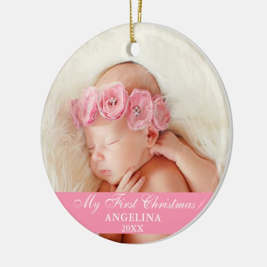 マイ初めてのクリスマスベビーフォトピンク セラミックオーナメント (左)
