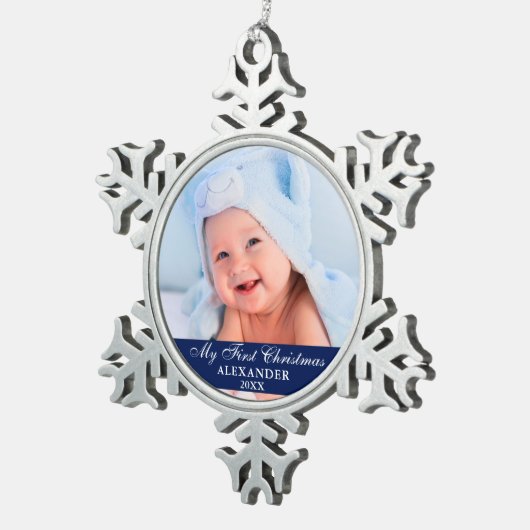 マイ初めてのクリスマスベビーフォトブルー スノーフレークピューターオーナメント (右)
