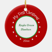 マイ初めてのクリスマスベビーフォトホリデー赤を追加 セラミックオーナメント (裏面)