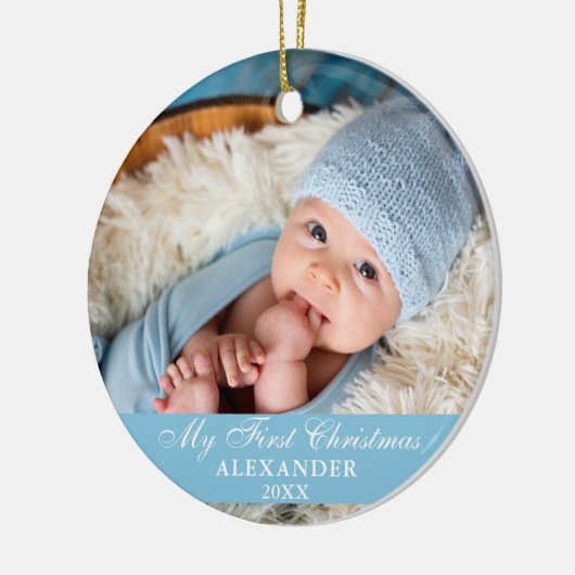 マイ初めてのクリスマスベビーフォトライトブルー セラミックオーナメント (左)