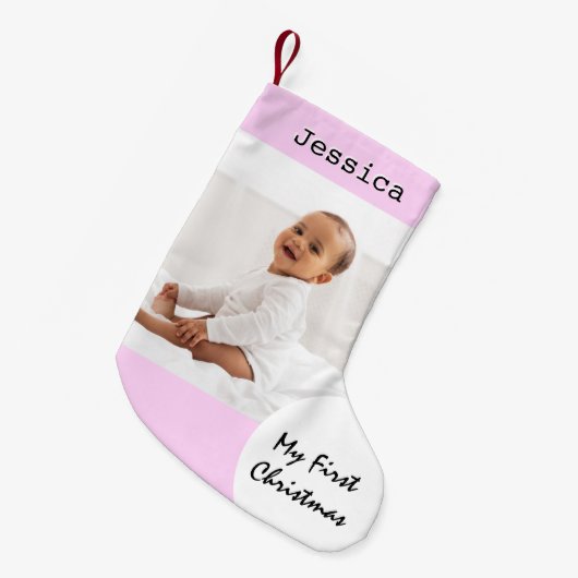 マイ初めてのクリスマスベビーフォト名前をカスタムするピンク スモールクリスマスストッキング (正面 (吊り時))