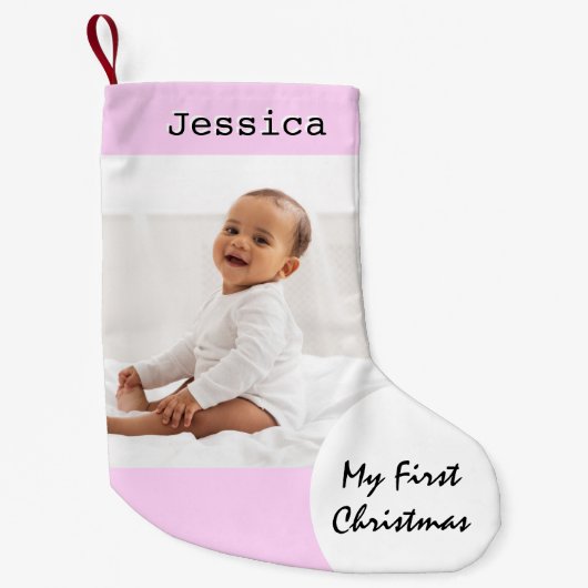 マイ初めてのクリスマスベビーフォト名前をカスタムするピンク スモールクリスマスストッキング (正面)