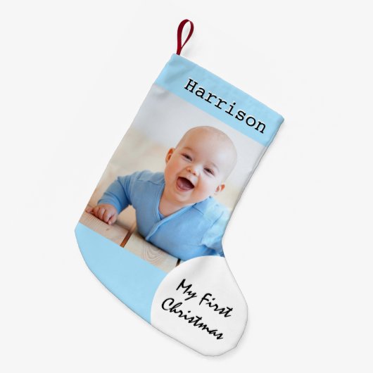 マイ初めてのクリスマスベビーフォト名前をカスタムするブルー スモールクリスマスストッキング (正面 (吊り時))