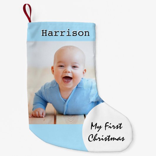 マイ初めてのクリスマスベビーフォト名前をカスタムするブルー スモールクリスマスストッキング (正面)