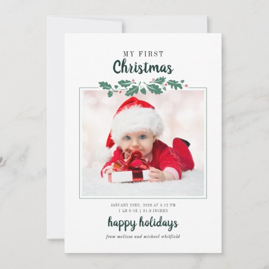 マイ初めてのクリスマスベビーフォト誕生統計ホリデイ シーズンカード (正面)