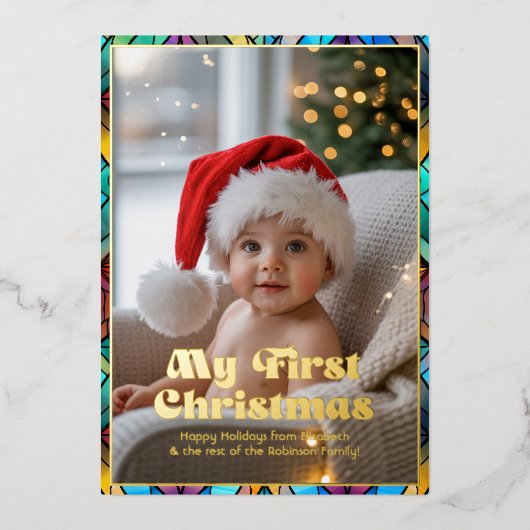 マイ初めてのクリスマスベビー写真ステンドグラス写真 箔シーズンカード (正面)