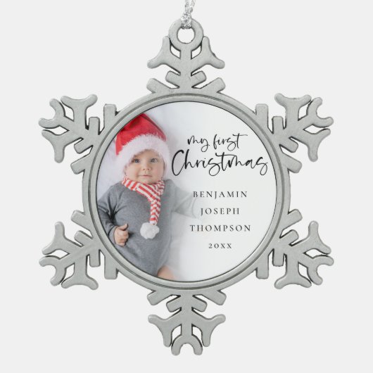 マイ初めてのクリスマスベビー写真名年記念 スノーフレークピューターオーナメント (正面)