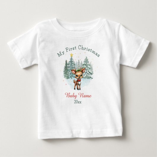 マイ初めてのクリスマスベビー鹿名前をカスタムするキープサケ ベビーTシャツ (正面)