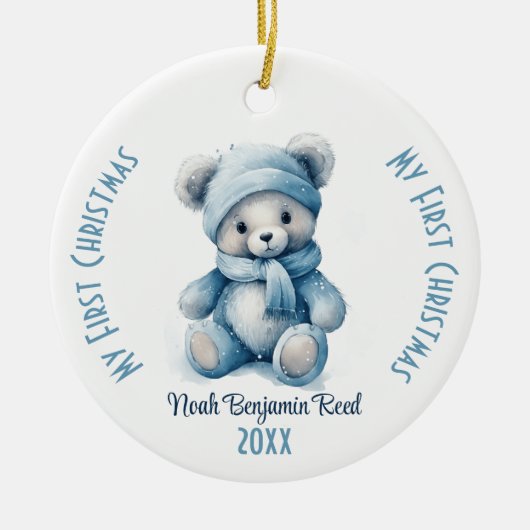 マイ初めてのクリスマスボーイ名前をカスタムするブルーベア セラミックオーナメント (正面)