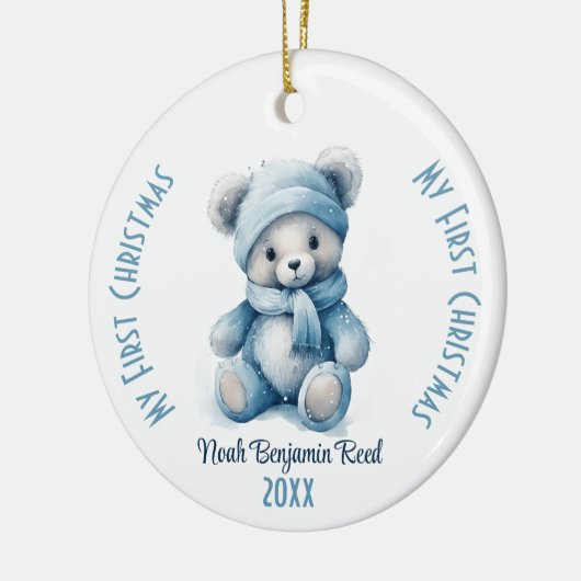 マイ初めてのクリスマスボーイ名前をカスタムするブルーベア セラミックオーナメント (左)