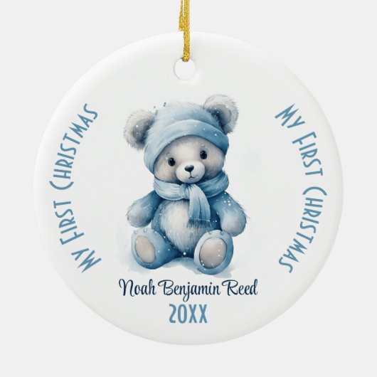 マイ初めてのクリスマスボーイ名前をカスタムするブルーベア セラミックオーナメント (裏面)