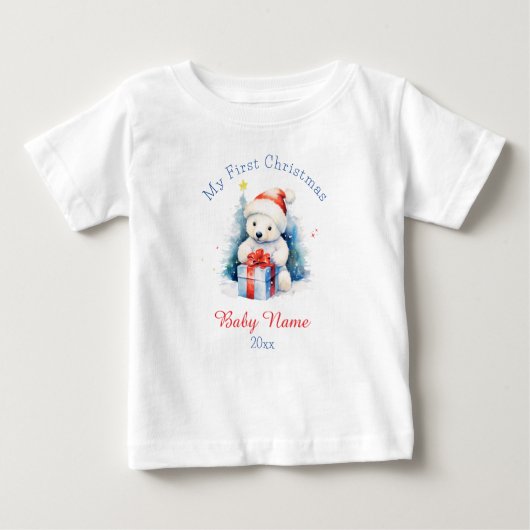マイ初めてのクリスマスポーラベアホワイト名前をカスタムする ベビーTシャツ (正面)