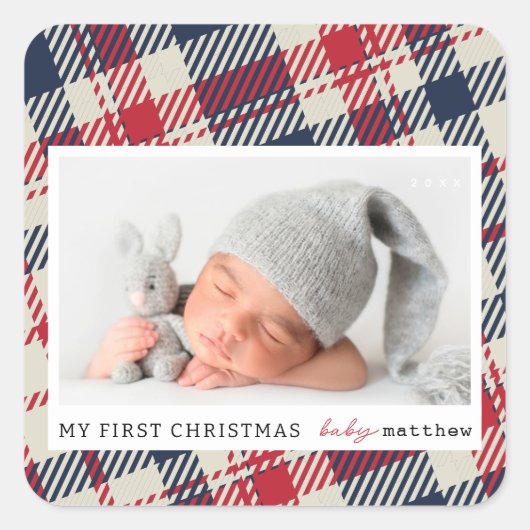 マイ初めてのクリスマスモダンプレイドベビー写真 スクエアシール (正面)