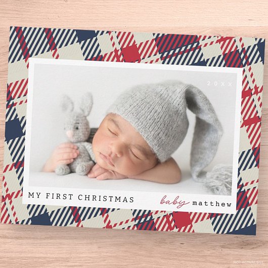 マイ初めてのクリスマスモダンプレイドベビー写真 ノートカード