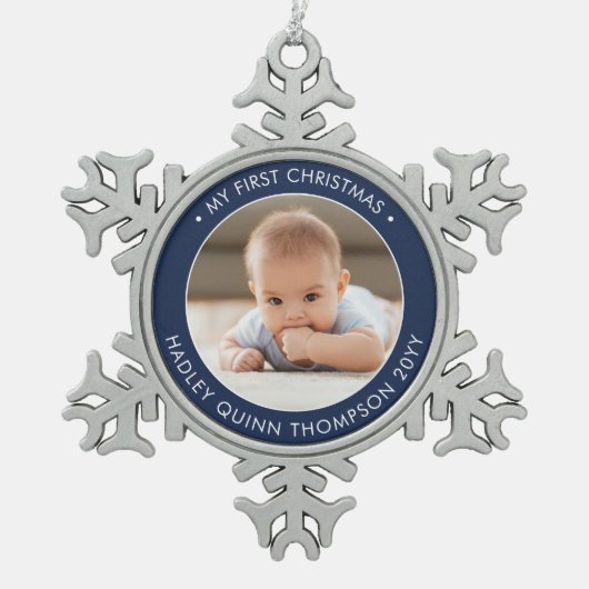 マイ初めてのクリスマスモダンベビーフォトネイビー&ホワイト スノーフレークピューターオーナメント (正面)