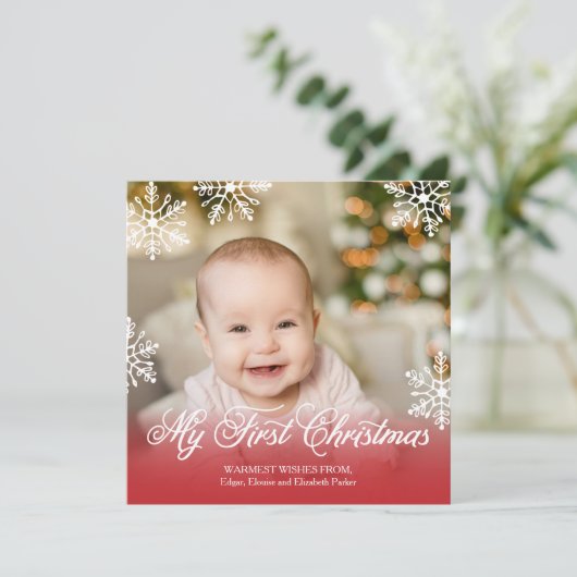 マイ初めてのクリスマスレッドグラディエントスクエアホリデー シーズンカード (スタンド正面)
