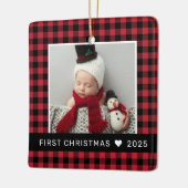 マイ初めてのクリスマスレッドバッファロープレイドベビー写真 セラミックオーナメント (左)