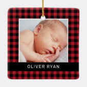 マイ初めてのクリスマスレッドバッファロープレイドベビー写真 セラミックオーナメント (裏面)