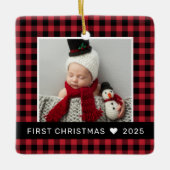 マイ初めてのクリスマスレッドバッファロープレイドベビー写真 セラミックオーナメント (正面)