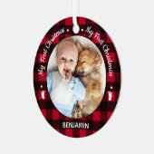 マイ初めてのクリスマスレッドバッファロープレイドベビー写真 メタルオーナメント (正面左)