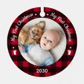 マイ初めてのクリスマスレッドバッファロープレイドベビー写真 メタルオーナメント (裏面)