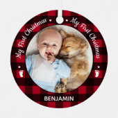 マイ初めてのクリスマスレッドバッファロープレイドベビー写真 メタルオーナメント (正面)