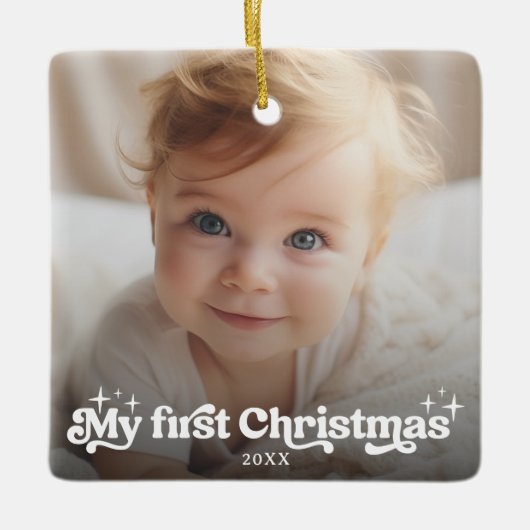 マイ初めてのクリスマスレトロタイポグラフィフルフォト セラミックオーナメント (正面)