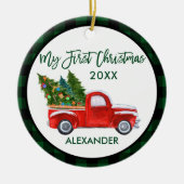 マイ初めてのクリスマスヴィンテージトラックベビーグリーンプレイド セラミックオーナメント (正面)