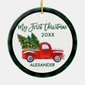 マイ初めてのクリスマスヴィンテージトラックベビーグリーンプレイド セラミックオーナメント (裏面)